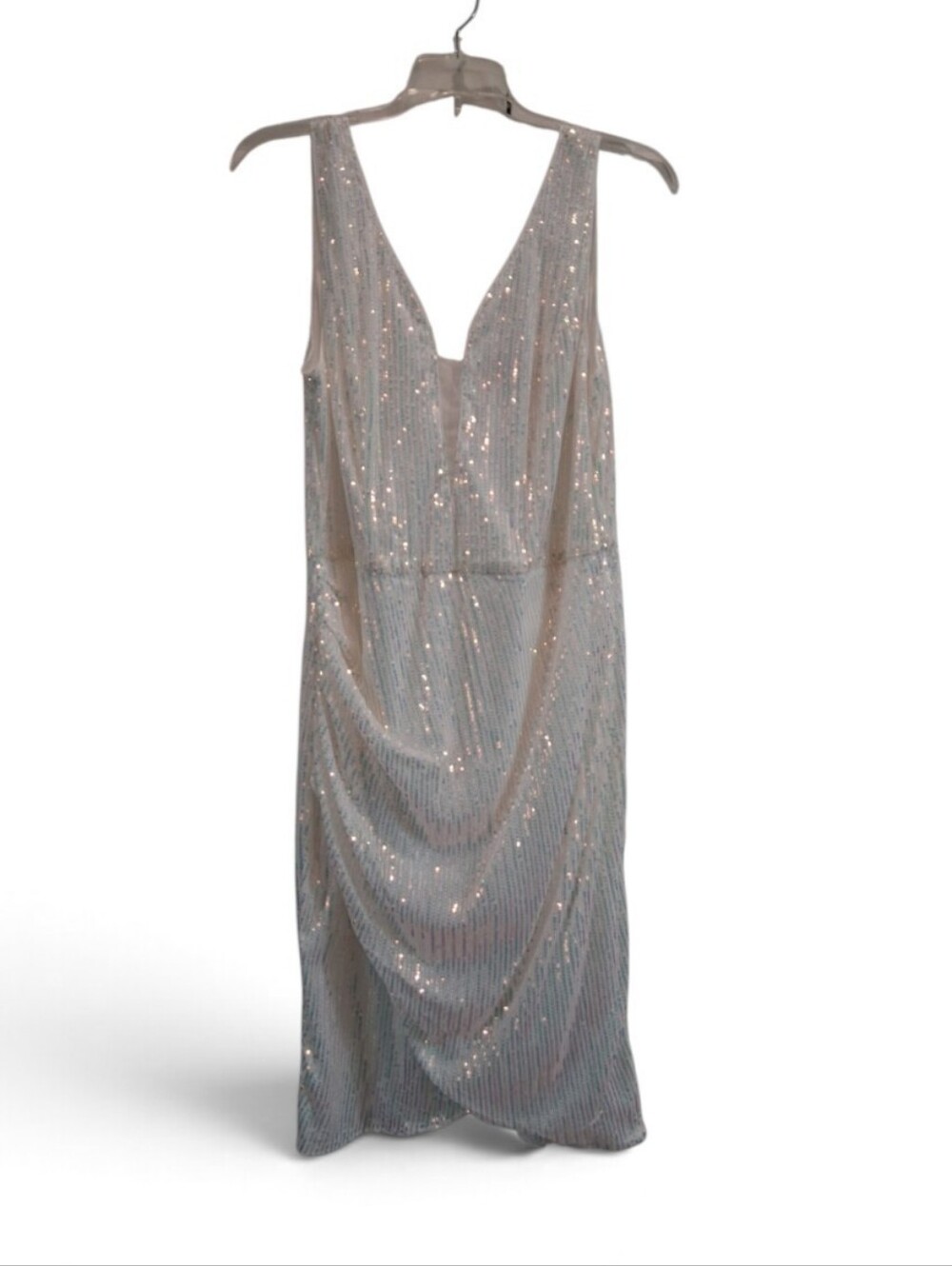 Grace Karin White Iridescent Sequin Deep V-Neck Bodycon Mini Dress Size L